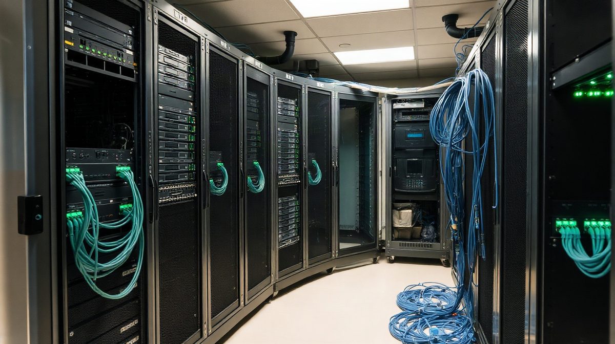 Baie de serveurs ouverte montrant plusieurs machines en rack et leur câblage