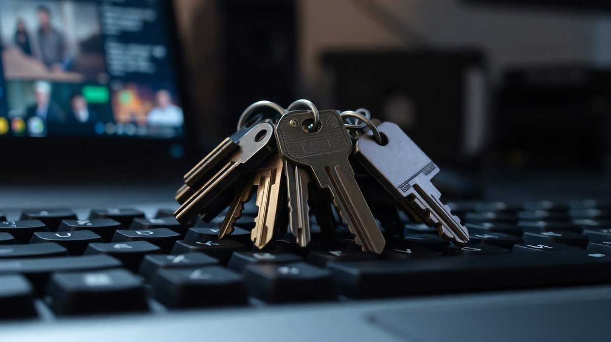 Trousseau de clés métalliques posé sur un clavier d'ordinateur