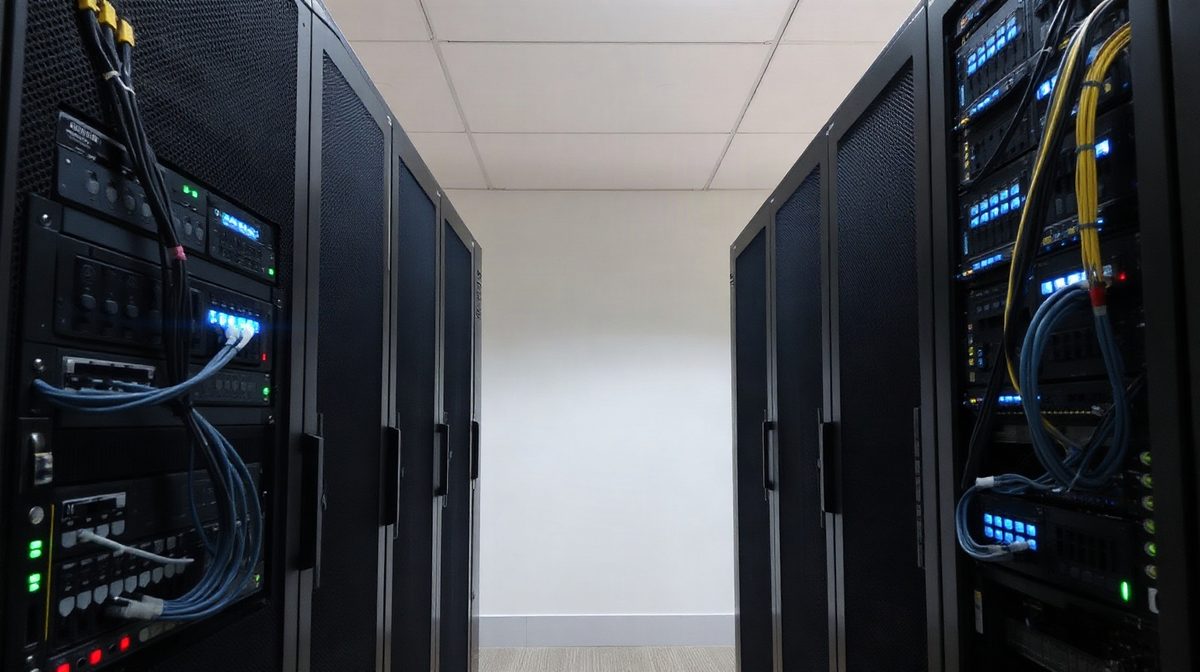 Deux baies serveurs reliées par des câbles réseau dans une salle informatique