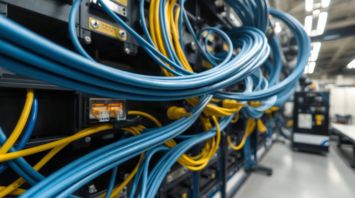 Baie de brassage avec câbles Ethernet rangés et commutateurs dont les diodes sont allumées
